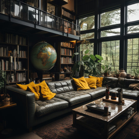 Interior of a living room with a leather sofa and a bookcaseの素材