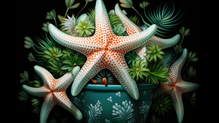Starfish in a flower pot on black background.の素材
