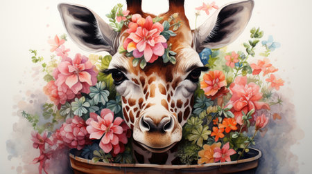 Cute giraffe with flowers in a basket.の素材