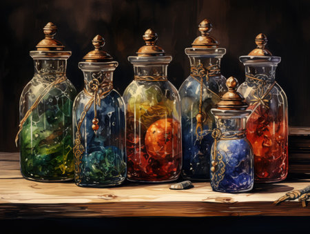 Vintage magic potion bottles on wooden shelfの素材