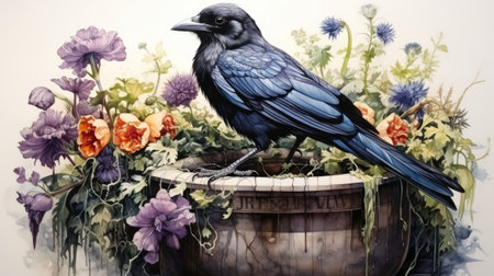 a crow sitting on a barrel with flowers in the backgroundの素材