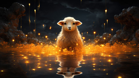 a sheep standing in the middle of the waterの素材