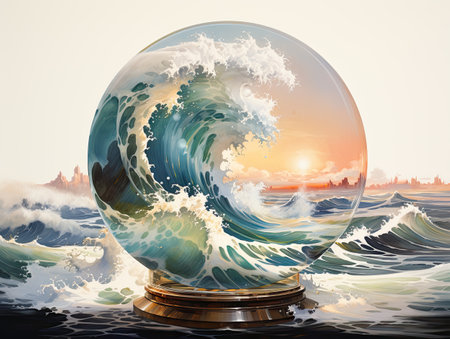 Crystal ball with ocean waves on the background of the sunset.の素材
