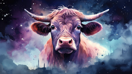 a bull in the background of the night sky.の素材