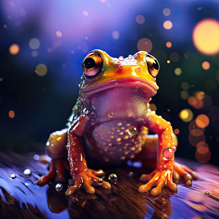 Frog with raindrops on a blurred background.の素材