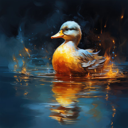 Duck in the water with fire and smoke.の素材