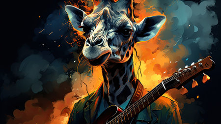 Giraffe playing the guitar in the smoke.の素材