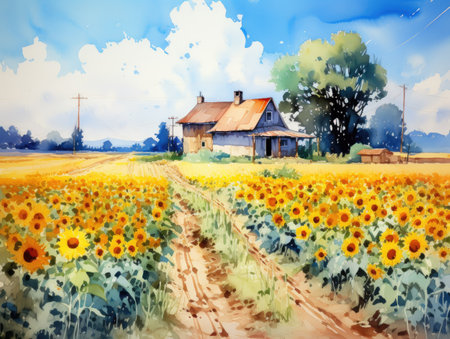 Sunflowers field with blue sky and house.の素材