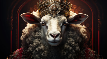 Portrait of a sheep in a crown on a dark background.の素材