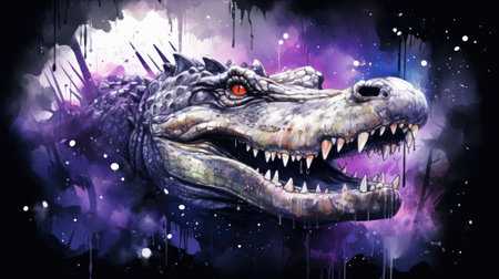 Digital painting of a crocodile with open mouth and sharp teeth.の素材