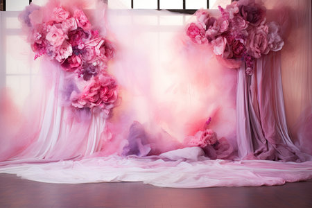 Beautiful pink flowers on the background of the curtains in the roomの素材