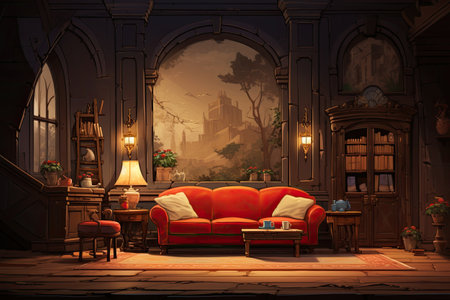 Interior of the room with a red sofa and a bookcaseの素材