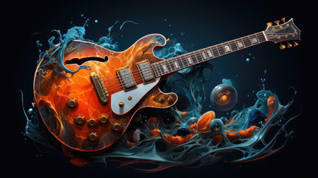 Electric guitar with flames and smoke on dark background.の素材