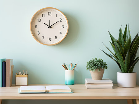 Wooden table with books, plant and clock.の素材