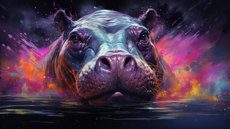 Hippo in water with color splashes and fire effect.の素材