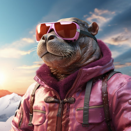 Hippo wearing pink winter jacket and pink sunglasses on background of snowy mountainsの素材