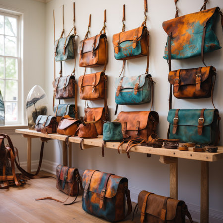Collection of vintage leather handbags hanging on a shelf in a storeの素材