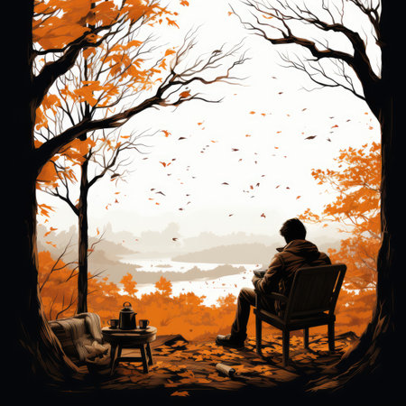 Man sitting on a bench in the autumn forestの素材