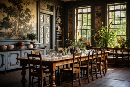 Interior of an old house with a wooden dining table and chairsの素材