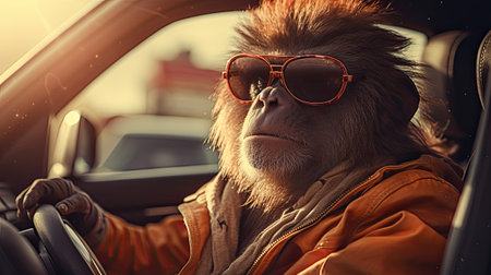 Portrait of a monkey in sunglasses driving a car on a sunny dayの素材