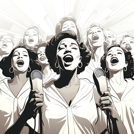 Hand drawn vector illustration of a group of women singing in a microphone.の素材