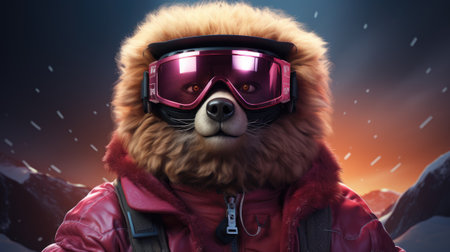 Close-up portrait of a dog wearing a ski suit and gogglesの素材