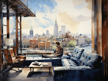 Man sitting in a cafe with New York city view in the backgroundの素材