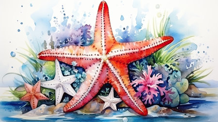 Watercolor illustration of starfish and coral on the seashoreの素材