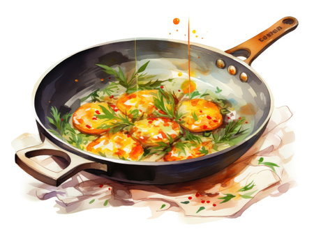 Watercolor Meatballs with rice in a frying pan.の素材