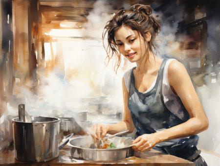 Beautiful young woman cooking in the kitchen at home. Food conceptの素材
