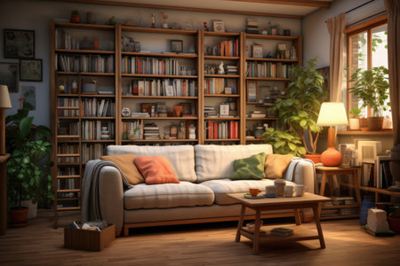 Living room interior with sofa and bookshelf.の素材