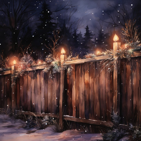 Winter landscape with wooden fence, lanterns and snowflakes.の素材