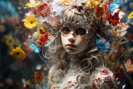 Fairy tale doll with flowers and butterflies. Fantasy fairy tale.の素材