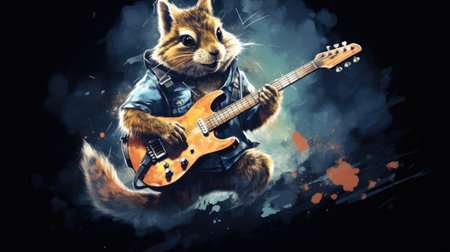 Funny cat playing the electric guitar on a grunge background.の素材