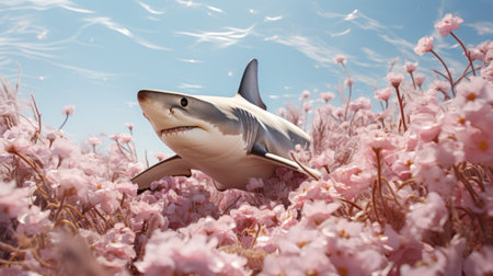 Shark in a pink flower fieldの素材
