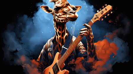 Giraffe with guitar in his hand on a background of smokeの素材