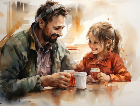 Watercolor Father and daughter drinking coffee in cafe.の素材