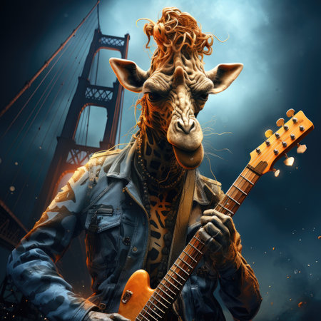 Giraffe rock musician with electric guitar and golden gate bridge in backgroundの素材