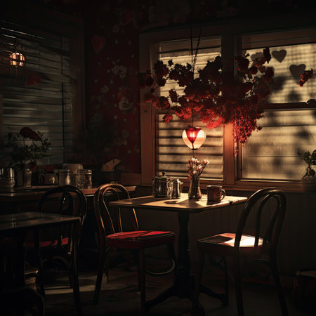 Romantic dinner in a rustic style with red hearts on the windowの素材