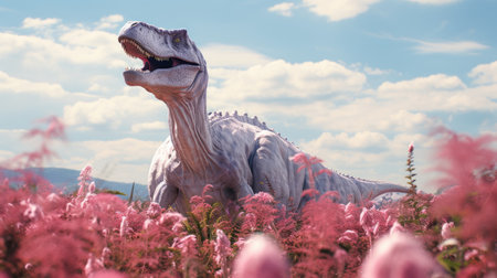 Dinosaur statue in the flower field with blue sky and cloud.の素材