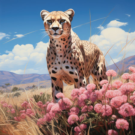 Cheetah in the high grass with pink flowers and blue skyの素材