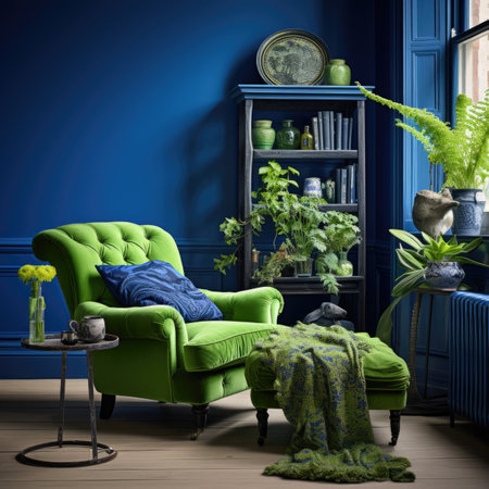 interior of classic blue living room with green armchairの素材