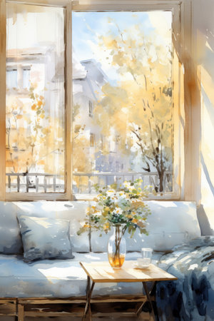 View from the window to the terrace with a bouquet of flowers in a vase.の素材