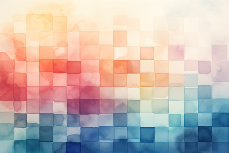 Watercolor abstract background with colorful squares in blue and orange colors.の素材