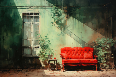 Old red sofa in an abandoned house.の素材