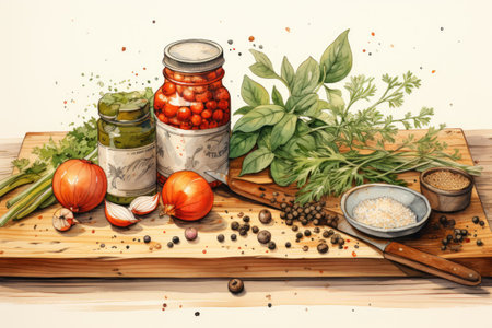 Fresh herbs and spices on a wooden background. Vintage style illustration.の素材