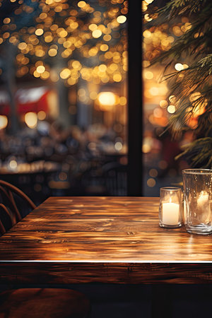 Empty wooden table in a restaurant with christmas lights on background.の素材