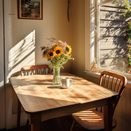 Vase of sunflowers on a wooden table in front of the windowの素材