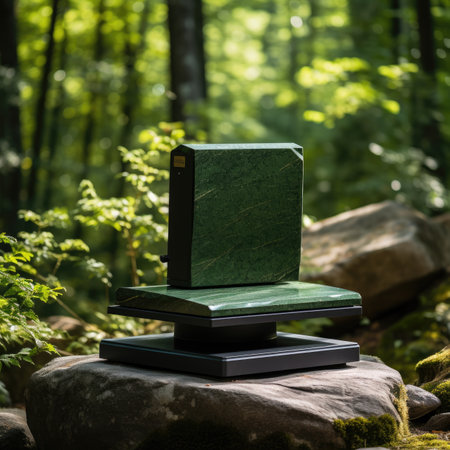 A green box on a stone in the forest. Natural background.の素材