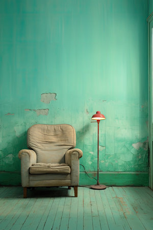 interior of the room with chair, lamp and old green wallの素材